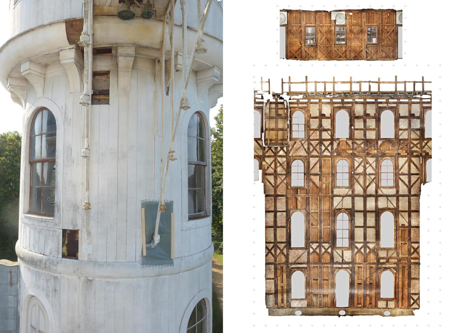 Links: Turm mit Brückenauflager vor der Sanierung mit Suchöffnungen für Bestandsuntersuchung
Rechts: Detailgenaue-Fotogrammetrie-der-tragenden-Fachwerkkonstruktion ©Lupos3D