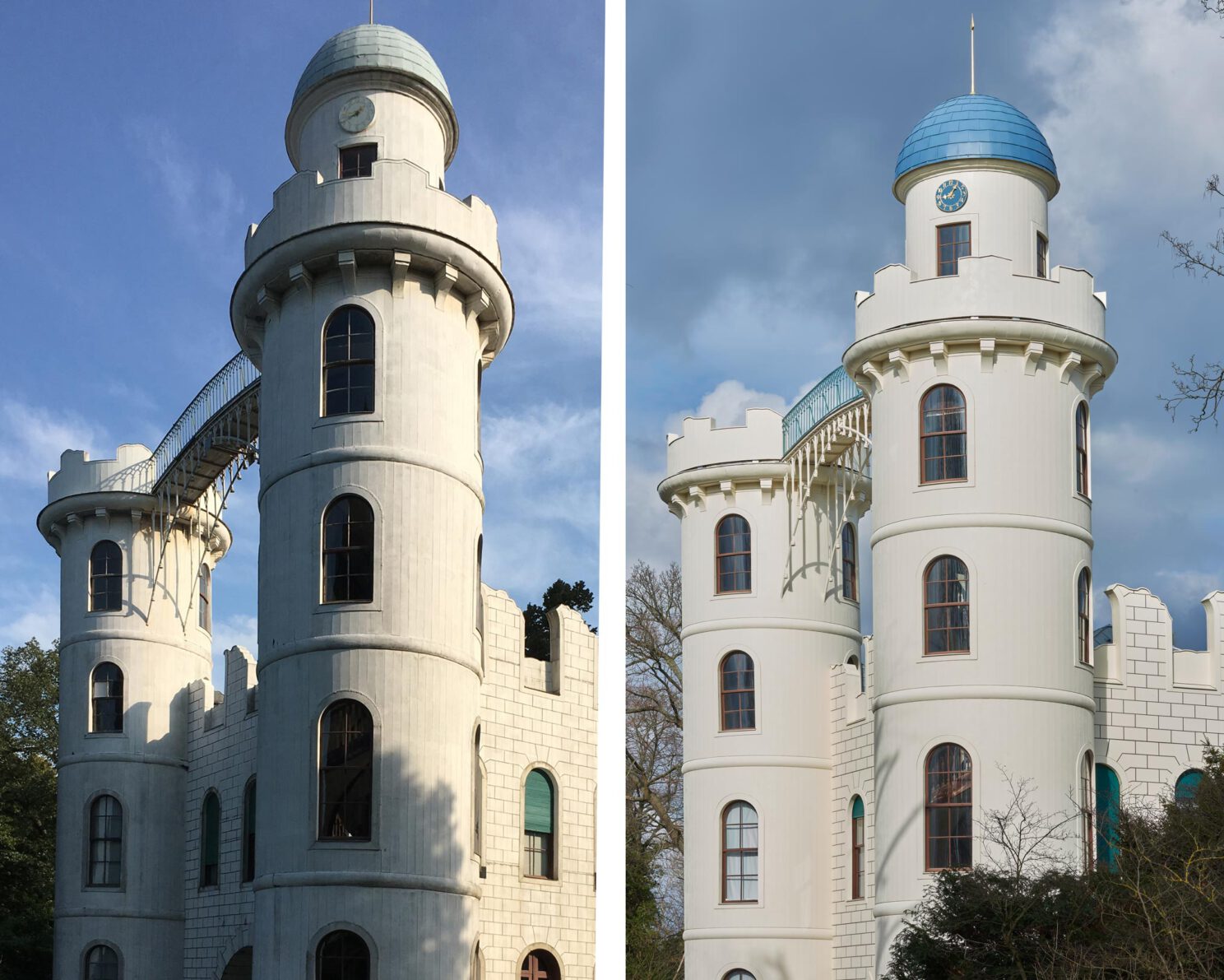 Süd-Ansicht_vor und nach der Sanierung, Foto Rechts von Daniel Lindner ©SPSG