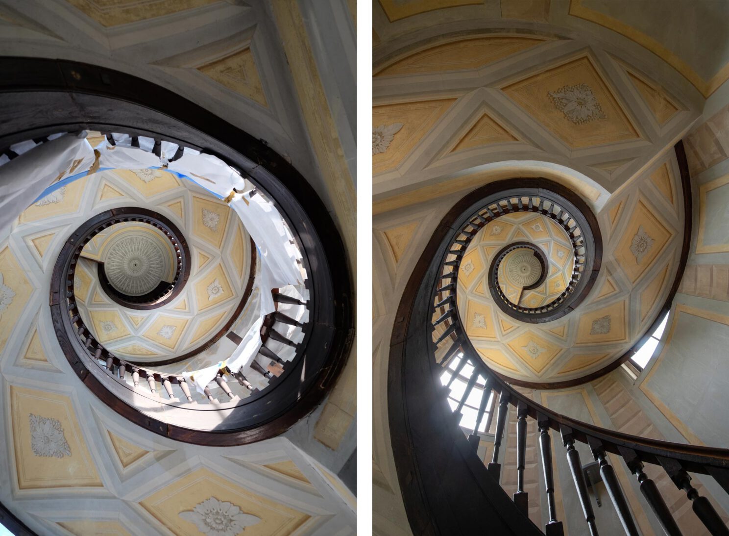 Treppenturm mit gewendelter Treppe während und nach der Sanierung,  behutsame Sanierung der Wandfassung