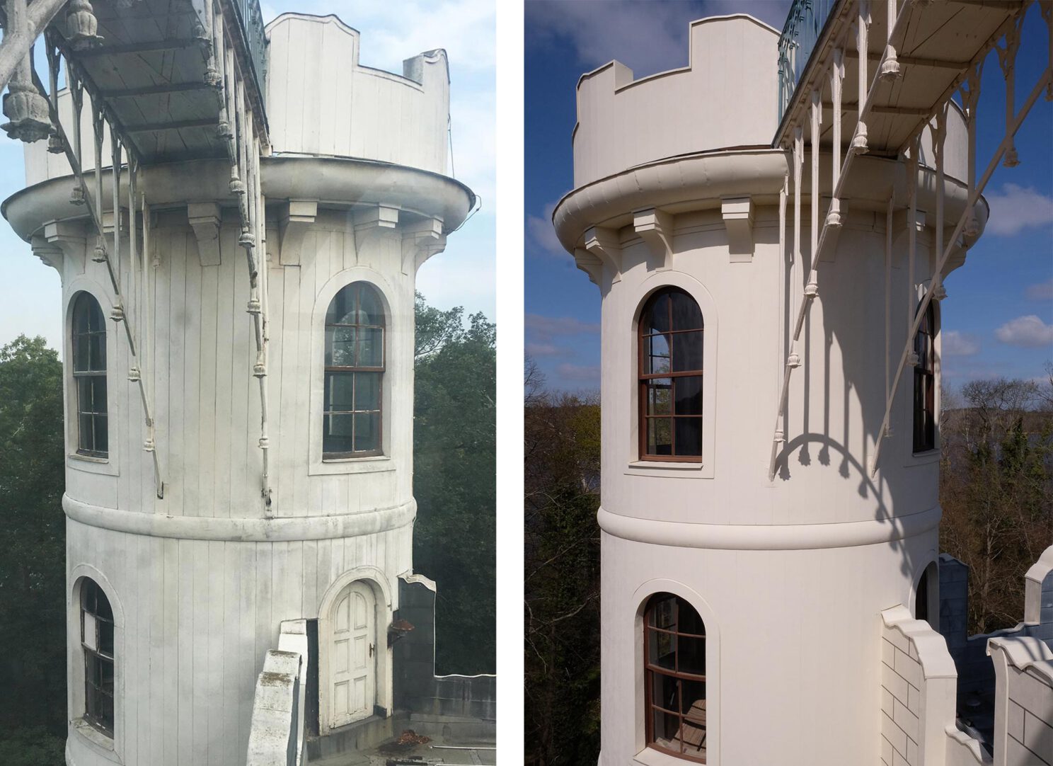 Turm vor und nach der Sanierung